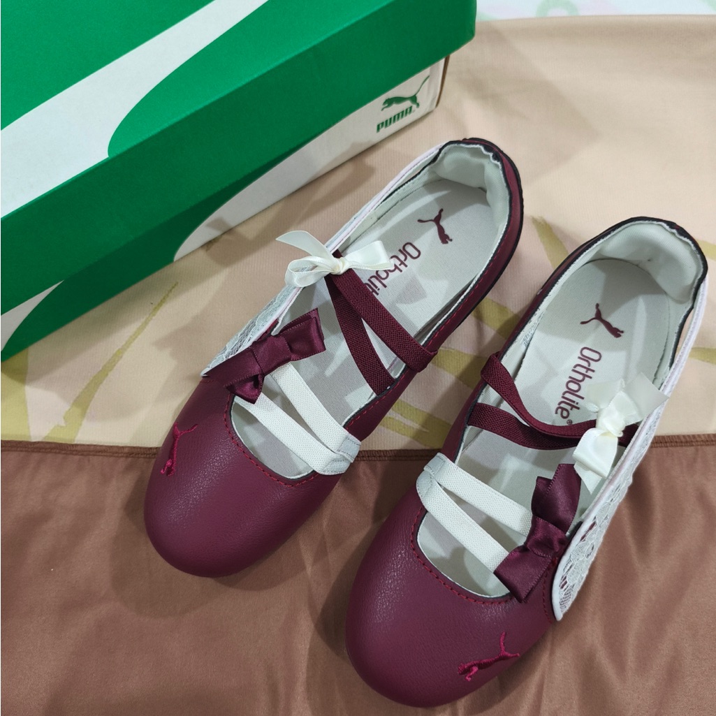 Puma Women’s Burgundy Ballet Flats With White Strap Details